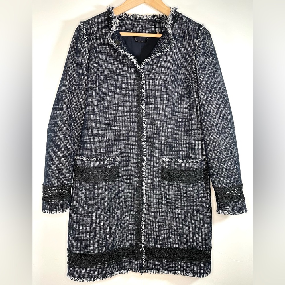 Elie Tahari navy tweed long blazer
